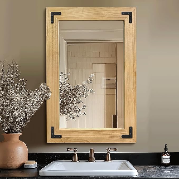 Bathroom Mirror for Wall with Wooden Frame, 36"x24" Solid Wood Vanity Mirror for Farmhouse, Bathroom, Bedroom Decor, Vertical or Horizontal Hanging(Natural)