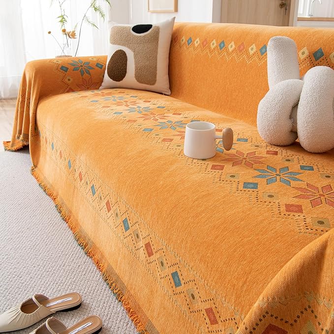 STACYPIK Soft Orange Sofa Cover, Boho Chenille Couch Cover for 2 Cushion Couch, Anti-Slip Jacquard Furniture Protector, Loveseat Cover for Sectional, Multi-use Sofa Slipcover Pet-Friendly-71X118IN