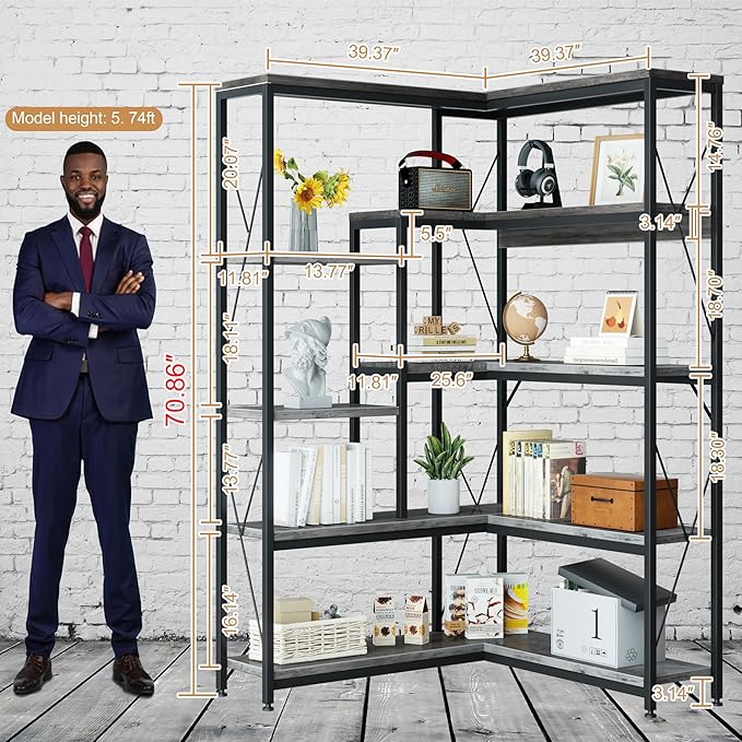 Shintenchi 5 Tiers Corner Bookshelf, 70.86" Tall L-Shaped Bookcase, Large Corner Etagere Bookcase, Corner Shelf Display Storage Rack with Metal Frame for Living Room Home Office, Grey
