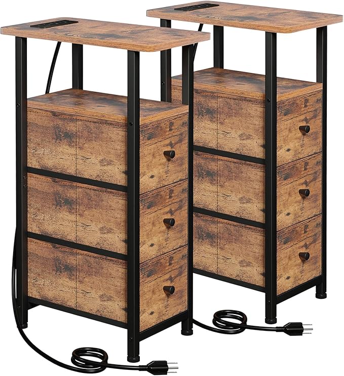 Narrow End Tables Living Room Set of 2 with Charging Station, Skinny Side Table with Fabric Drawers, Slim Nightstand for Bedroom, Small Spaces, Couch, Rustic Brown, HETNDP03PBR