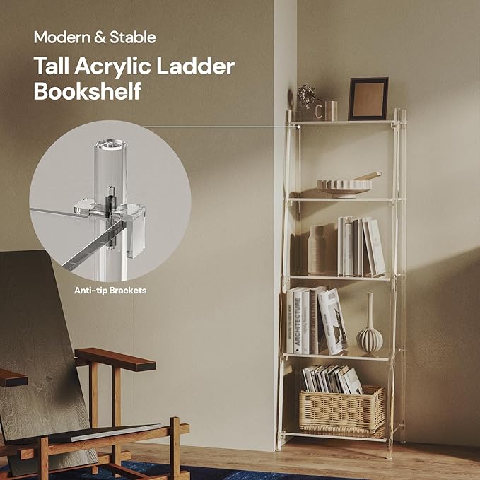 Acrylic Ladder Bookshelf, 13.8" D x 20.5" W x 59" H, 5-Tier Tall Clear Bookcase, Multifunctional Storage Book Shelf for Living Room, Bedroom, Office, Modern, Easy Assembly