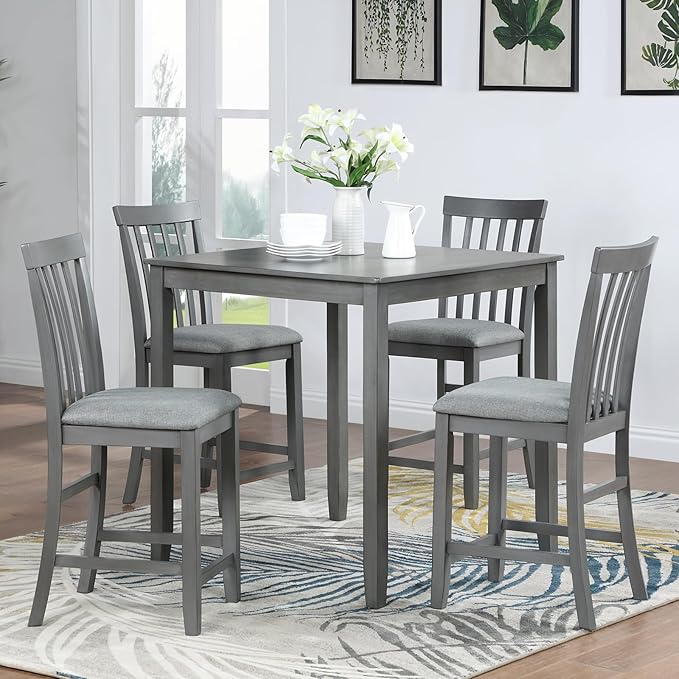 KEIKI 5-Piece Counter Height Dining Table Set with Square Table and 4 Upholstered Vertical Slatted Backrset Chair, for 4 Person, Modern Wooden Table Set, Easy Assembly, for Kitchen, Dining Room, Gray