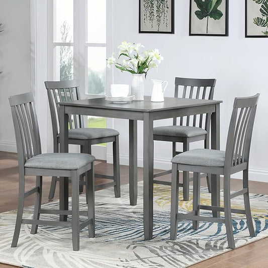 KEIKI 5-Piece Counter Height Dining Table Set with Square Table and 4 Upholstered Vertical Slatted Backrset Chair, for 4 Person, Modern Wooden Table Set, Easy Assembly, for Kitchen, Dining Room, Gray