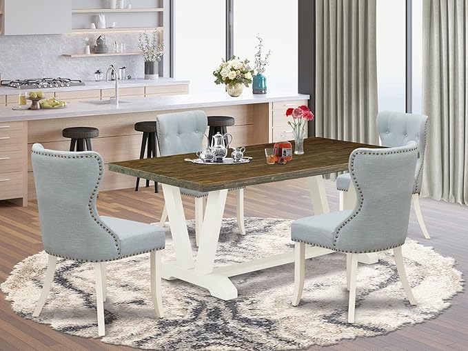 East West Furniture V077SI215-5 5 Piece Dining Set Includes a Rectangle Dining Room Table with V-Legs and 4 Baby Blue Linen Fabric Upholstered Parson Chairs, 40x72 Inch, Multi-Color
