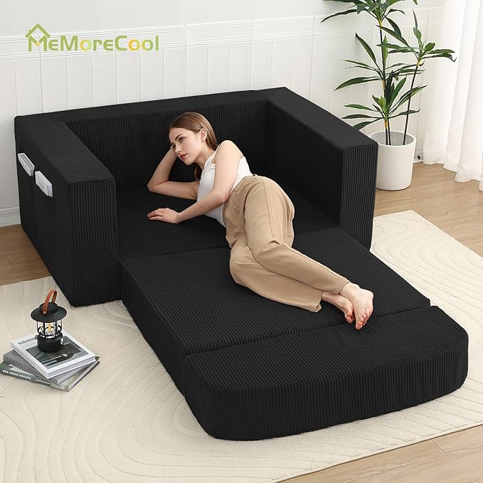 MeMoreCool Convertible Sofa Bed, Pull Out Loveseat Sleeper Sofa, Small Boneless Cloud Couch Bed for Adults, Fold Out Foam Love Seat Black, Corduroy Folding Floor Couch for Bedroom
