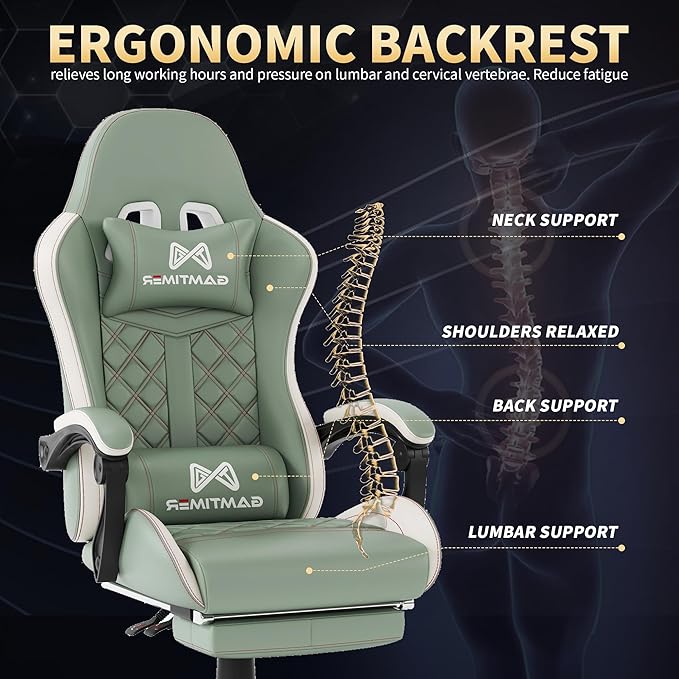Gaming Chair, 400 lbs Adult Chair, High Back Computer Chair with Footrest and Linked Armrests, Office Video Game Chair with Lumbar Support (Green)