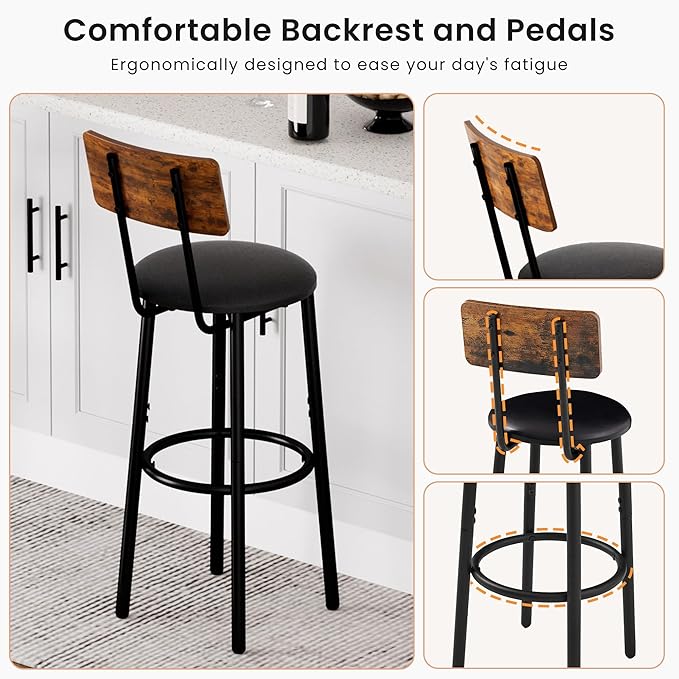 Bar Stools with Back, High Kitchen Barstools with Back, Counter Stools Bar Chairs with Backrest, Footrest, Industrial Seat for Dining Room Kitchen Bar (Rustic Brown and Black) BS-003RBV1
