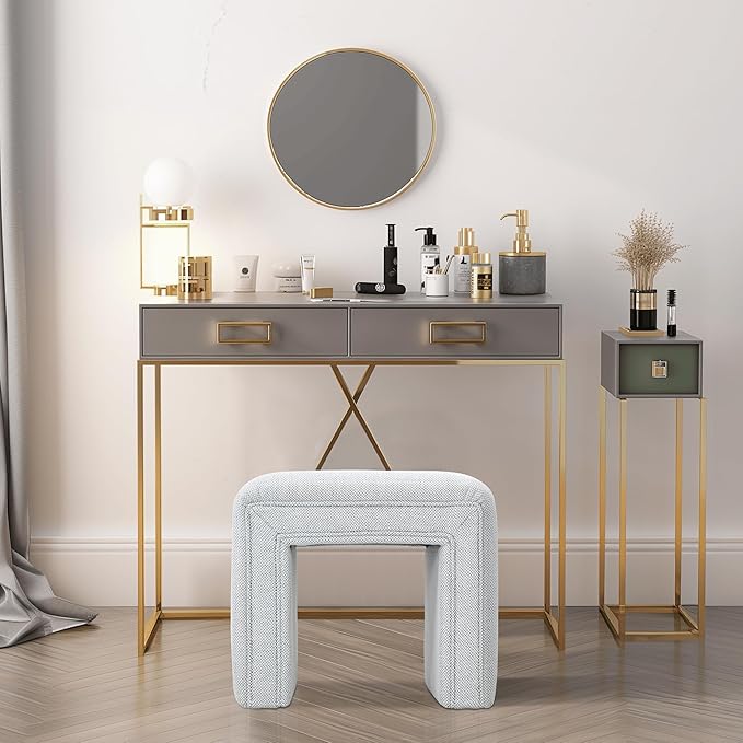 Get Set Style Vanity Stool Chair,Modern Linen Ottoman Foot Stool with Wooden Legs Sofa Bench Footstool Extra Seat for Vanity,Makeup Room,Living Room,Entryway,Office (Fully Assembled)