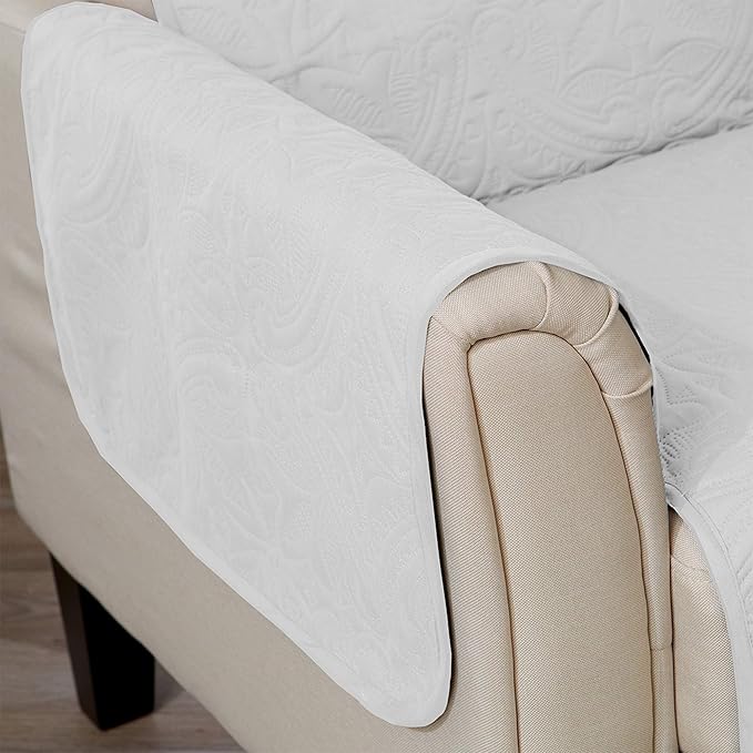 Great Bay Home Medallion Stitched Solid Furniture Protector Stain Resistant Durable Furniture Protector Elenor Collection (Recliner, White/Sand)