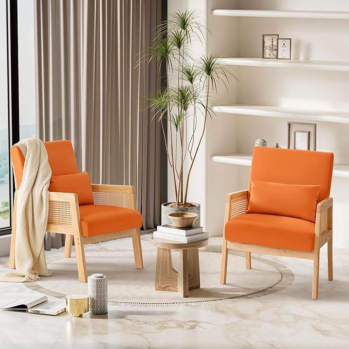 YESHOMY Mid-Century Accent Chair with Pillow Upholstered with Solid Frame & Breathable Armrest for Living Room, Light Orange