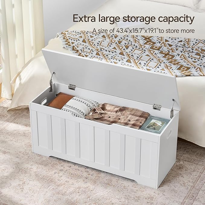 43.3" Storage Chest Extra Large,Storage Trunk with 2 Safety Hinges,Wooden Storage Bench,Shoe Bench,43.3x15.7x19.1 Inch,Easy Assembly,Storage Bench for Bedroom,Living Room,entryway(White).