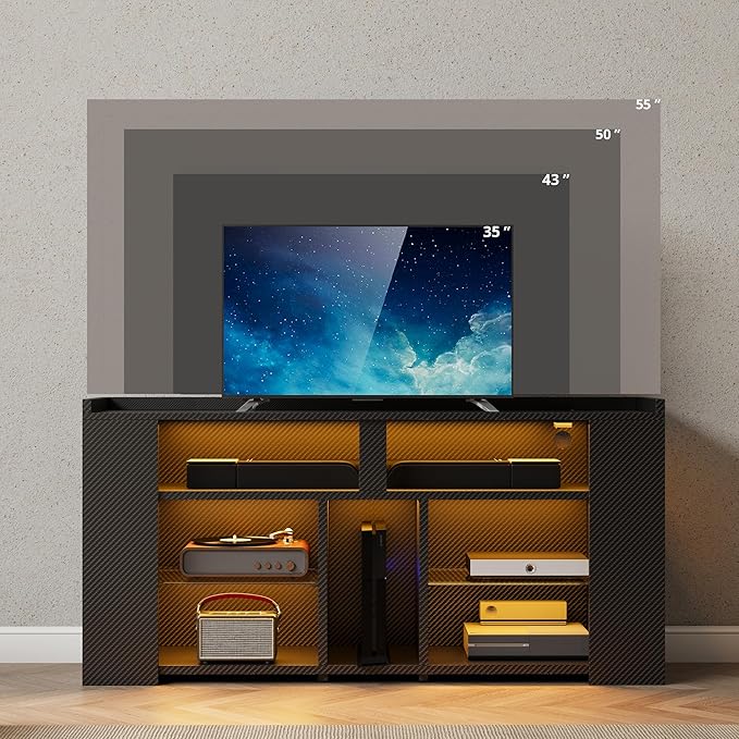 IRONCK Entertainment Center with Storage, 47 Inch Tall TV Stand W/Power Outlet, LED Gaming TV Cabinet for PS4, Black TV Stand with Carbon Fiber