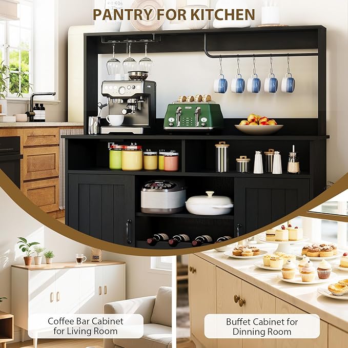47" Farmhouse Buffet Sideboard Cabinet with Power Outlets Coffee Bar Cabinet with Storage, Large Buffet Storage Cabinet Table with Wine Racks, Goblet Holder, Hooks for Kitchen, Dining Room, Black