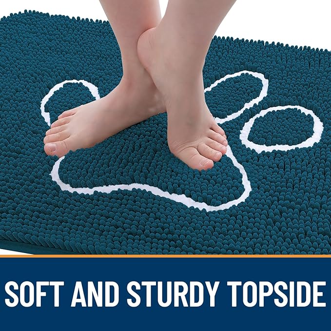 OLANLY Door Mat for Muddy Dog Paws 30x20, Absorbent Chenille Mud Doormat with Paw Print Design, Non-Slip Washable Doormat for Indoor Entryway, Quick-Dry Pet Bed Mats for Dirty Dogs, Atlantic Blue