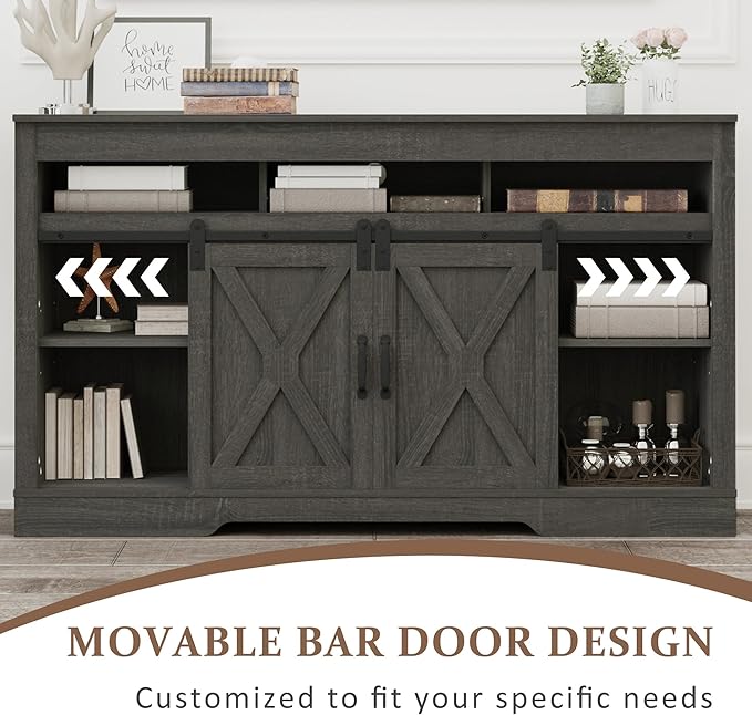 RoyalCraft Farmhouse TV Stand for 65+ Inch TV, 34'' Tall Entertainment Center with Sliding Barn Doors, Rustic Wood Media Console Storage Cabinet Television Stand for Living Room, Bedroom (Dark Grey)