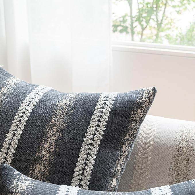 Pack of 1 Decorative Throw Pillow Covers 12x20 Inch, Pillow Cases for Living Room Couch Bedroom Farmhouse Home Decor, Soft Stripe Chenille Cushion Covers for Sofa Grey,20''x20''