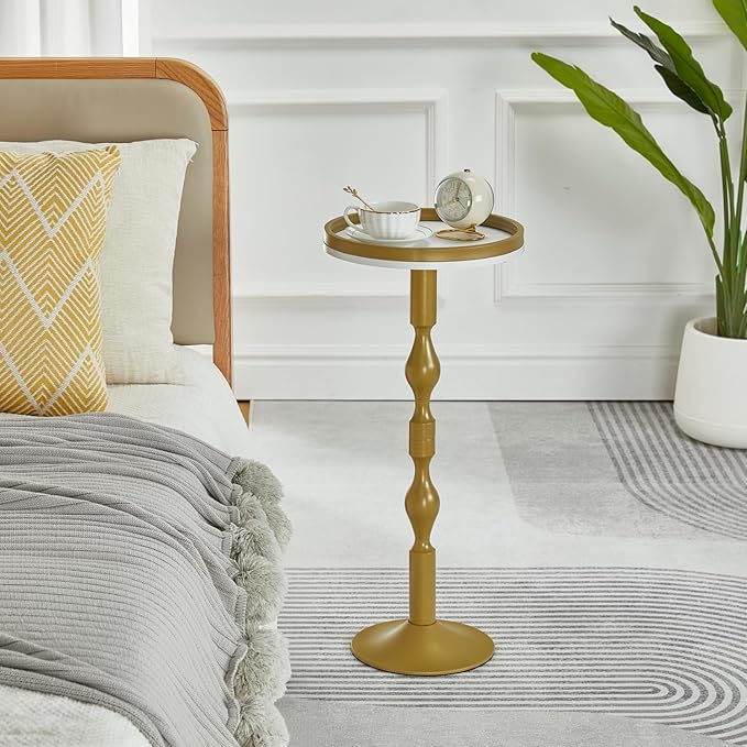 Small Round Drink Table,Pedestal Tables,Small Round Side Table for Narrow Spaces,End Table for Living Room, Bedroom, Bathroom,Balcony (White Gold)