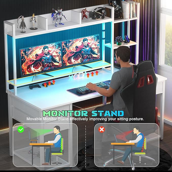 Aheaplus LED Gaming Desk with Hutch, 55.2" Workstation - White