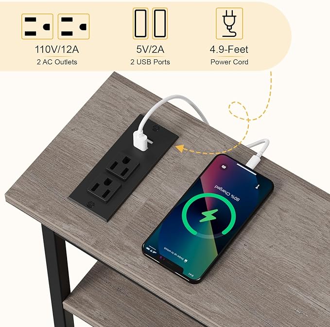 Snughome Narrow Side Table with Charging Station, Slim End Table for Small Spaces, 3 Tier Skinny Nightstand with Drawer, Sofa Beside Table with Storage Shelf for Living Room Bedroom Grey