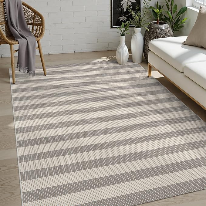 OJIA Outdoor Rug 5'x7' Striped Patio Rug Washable Indoor Outdoor Carpet Cotton Woven Outside Farmhouse Enrtyway Rug Large Area Rugs for Living Room Bedroom Backyard (Gray/White/Tan)