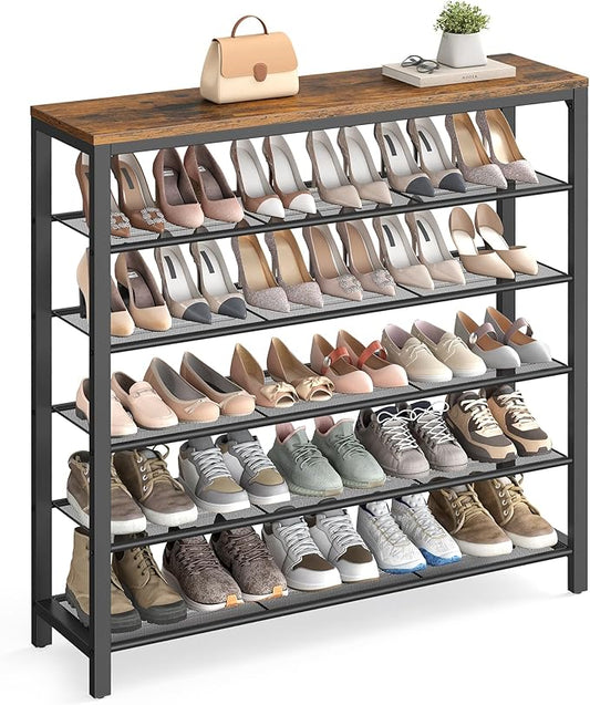 VASAGLE 6-Tier Shoe Rack, Shoe Organizer for Closet, Entryway, 24-30 Pairs of Shoes, Large Shoe Rack Organizer with 5 Metal Mesh Shelves, 11.8 x 39.4 x 43.3 Inches, Rustic Brown and Black ULBS016B01