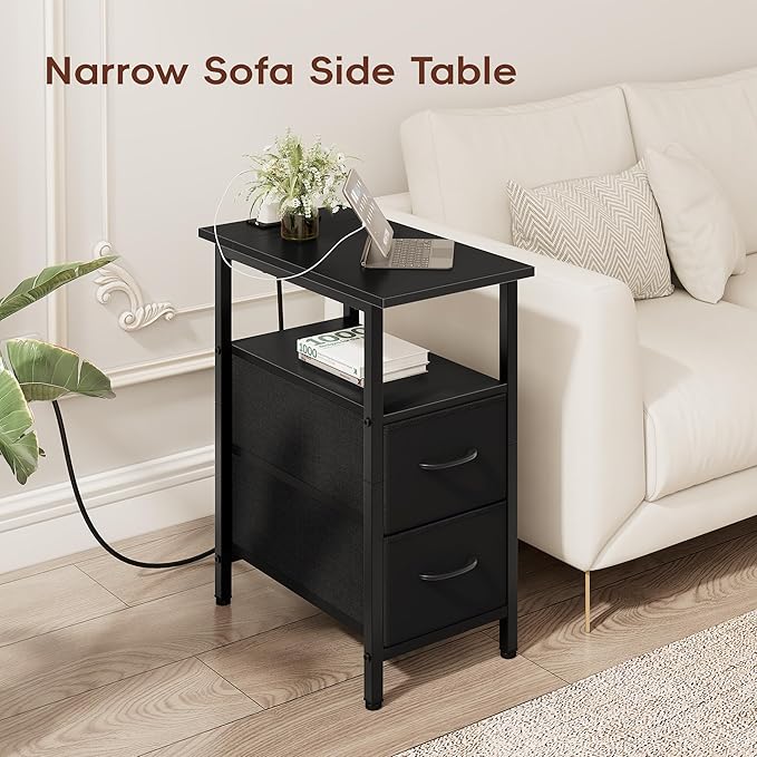 Vagusicc End Table with Charging Station Set of 2, Narrow Side Table, 23.8'' Tall Nightstand with 2 Drawers, Small Sofa Side Table Narrow Nightstand for Small Spaces, Living Room, Bedroom, Black