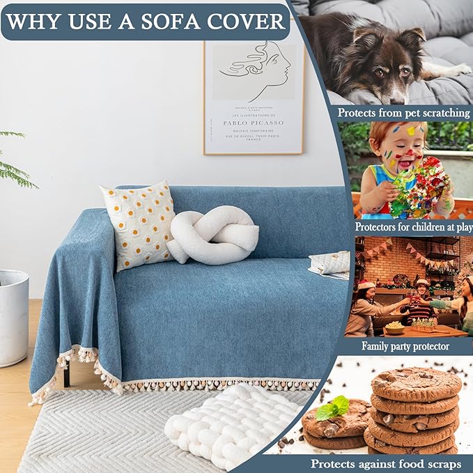 HANDONTIME Couch Slipcover Dog Sofa Covers Boho Couch Cover for Dogs Blue Sofa Throw Cover Bohemian Sofa Covers for 3 Cushion Couch Herringbone Sectional Couch Cover Slipcovers for Sofas, 91" X134"