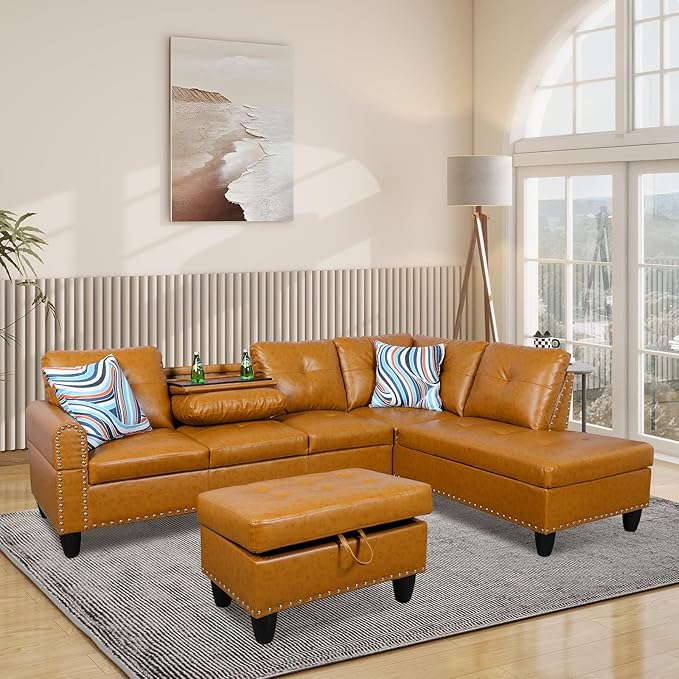L Shaped Modular Sectional Sofa with Reversible Chaise Lounge, 5-Seater Corner Couch, PU Leather Convertible Sofá w/Movable Ottoman, Cup Holders, 2 Pillows and Rivet Ornament for Living Room