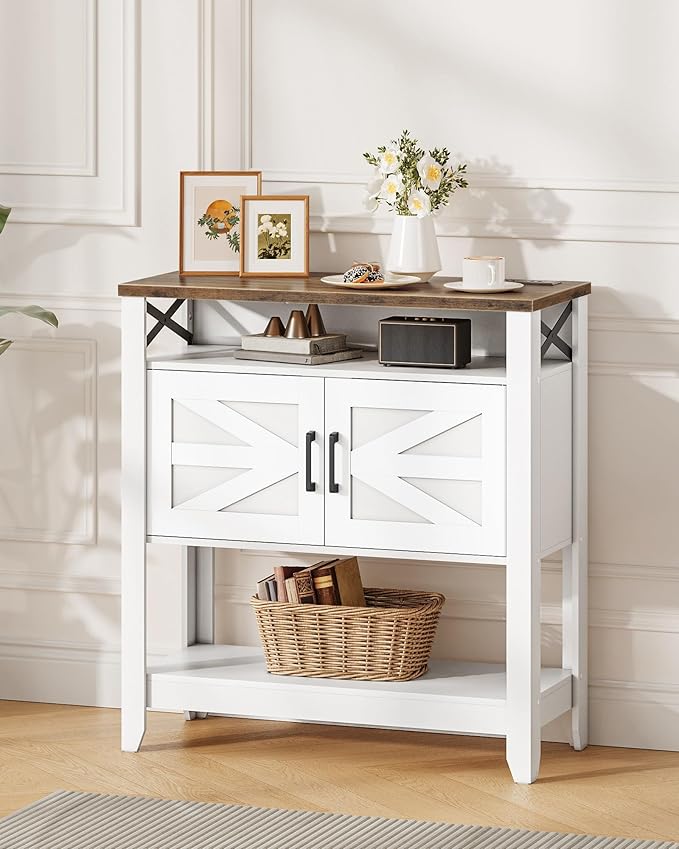 Console Table, Farmhouse Sofa Table with Power Outlet, Entryway Table with Cabinet and Open Shelves, Coffee Bar Cabinet with Storage for Entrance, Hallway, Kitchen, White and Walnut MXG01UWL