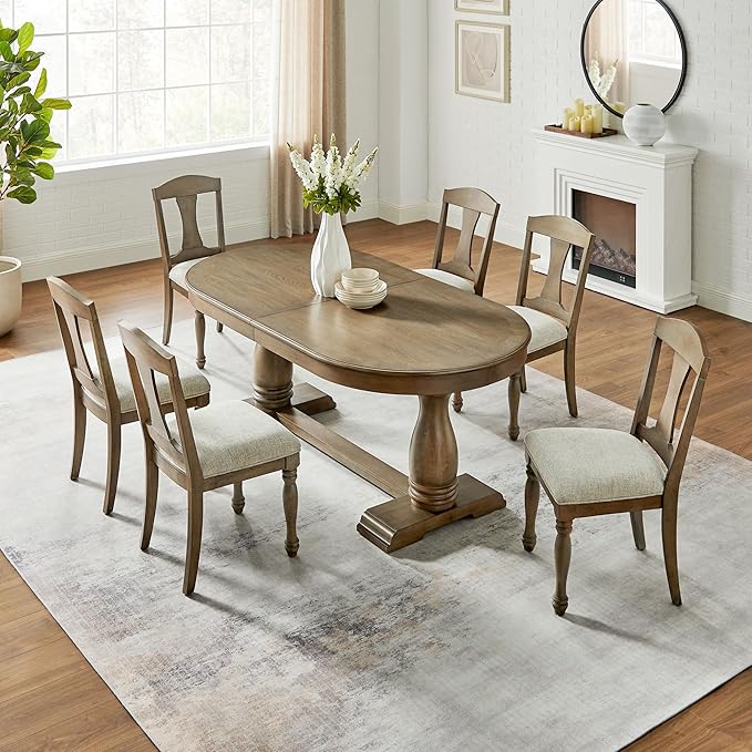 KEIKI Retro 7-Piece Wooden Dining Table Set for 6 Person, Vintage Table Set with Extendable Curved MDF Wood Grain Table and 6 Upholstered Chairs, Easy Assembly, for Kitchen, Dining Room, Whtie Oak