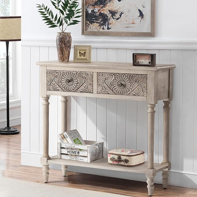 COSIEST Console Table with 2 Drawers, MDF Narrow Entryway Table with Storage Shelf, Wood Accent Sofa Table for Living Room, Entrance, Hallway, Couch, Light Grey