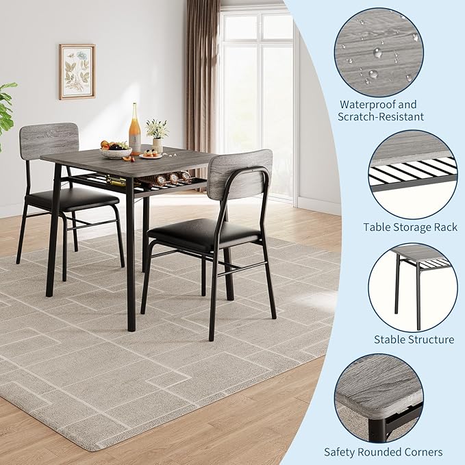 GAOMON 3-Piece Dining Table Set for 2, Wood Kitchen Table Set with Built-in Storage Rack,Small Kitchen Table with Upholstered Chairs and Metal Frame for Small Spaces，Gray