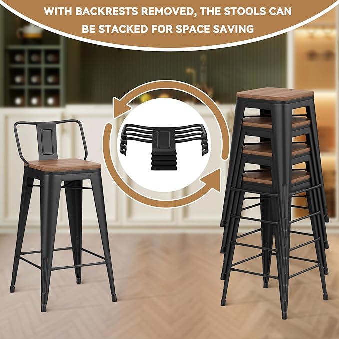 24 Inch Swivel Bar Stools Set of 4 with Backs Counter Height Industrial Metal Barstools Island Bar Chairs for Home Kitchen Dining Room (Swivel 24 inch,Matte Black Wooden)