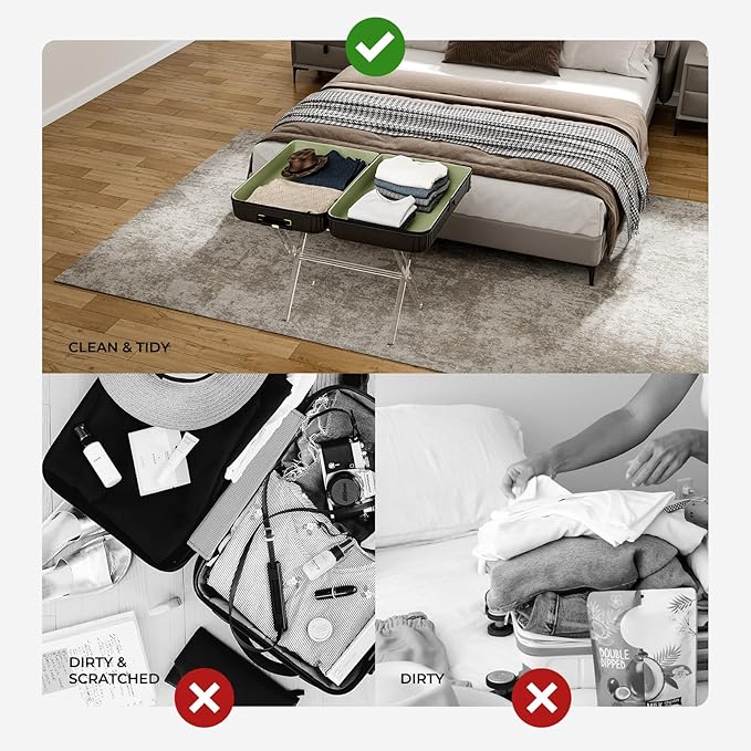 Sumerflos Acrylic Luggage Rack for Guest Room - Foldable Suitcase Stand with Leather Straps for Bedroom Living Room Hotel Heavy-Duty, Holds up to 50-100 lb lightweight Space Saving (Brown & Handle - 1 Pcs)