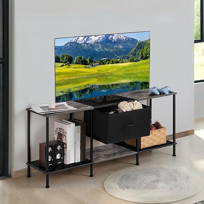 Vrisa TV Stand for 50/55 inch Television Entertainment Center with Storage Fabric Cabinet and Shelves Modern TV Console for Living Room Bedroom, Black+Grey