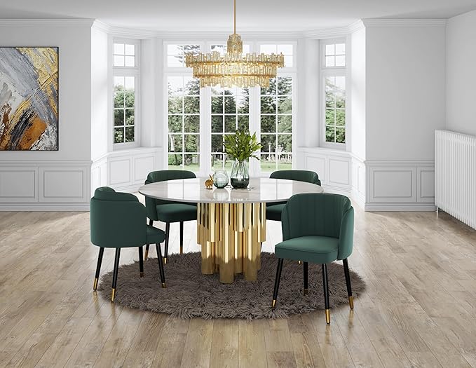 Manhattan Comfort Zephyr Modern Velvet Dining Chair, Solid Wood Frame with Gold-Tipped Splayed Legs, High Density Foam Padding, Vintage Design, Tulip Inspired Accent Furniture, Hunter Green