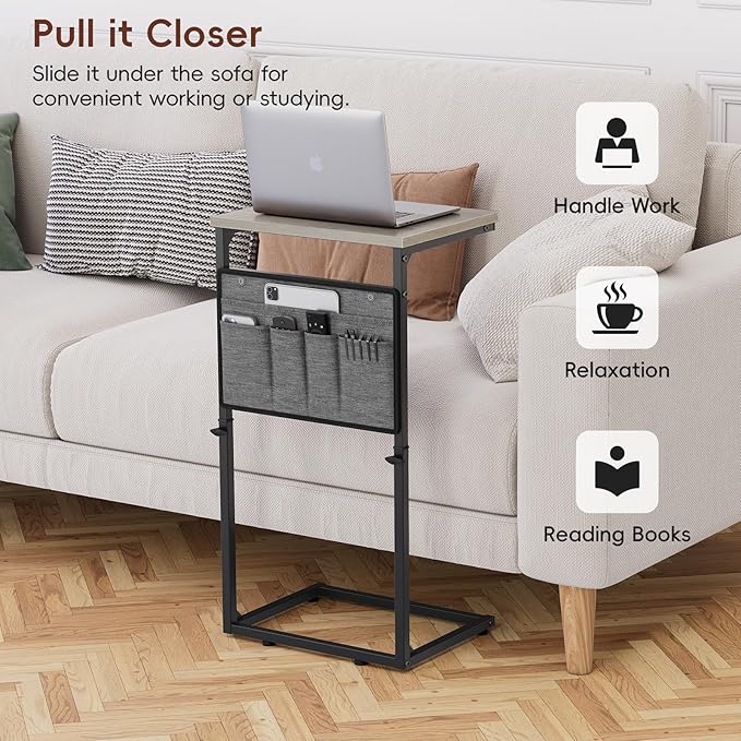 Vagusicc C Shaped End Table, Set of 2 Tall Side Table for Couch, Adjustable Height Small Couch Side Table for Small Spaces, End Table Slide Under Sofa Table TV Tray Arm Table for Living Room, Grey