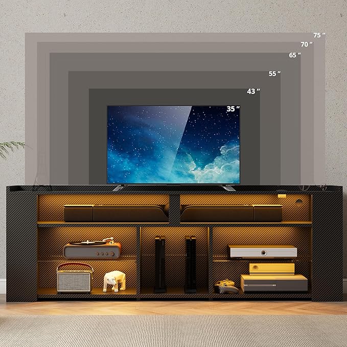 IRONCK Entertainment Center with Storage, 70.9 Inch Tall TV Stand W/Power Outlet, LED Gaming TV Cabinet for PS4, Black TV Stand with Carbon Fiber