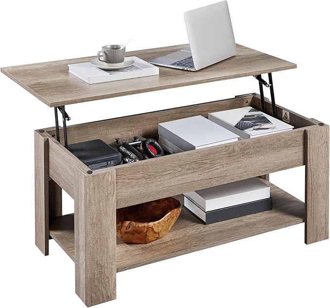 Yaheetech Lift Top Coffee Table with Hidden Compartment and Storage Shelf, Rising Tabletop Dining Table for Living Room Reception Room, 38.6in L, Grey