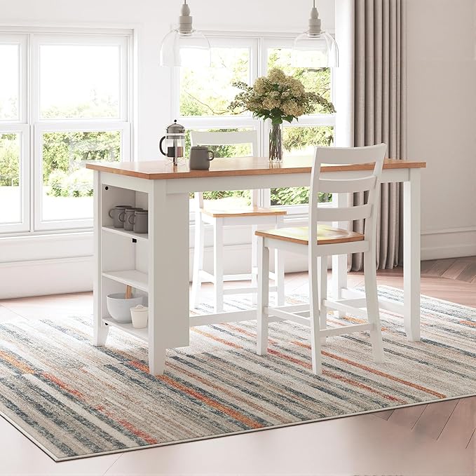 Signature Design by Ashley Gesthaven Farmhouse Counter Height Dining Table with 3 Shelves and Trestle Base, Light Brown & White