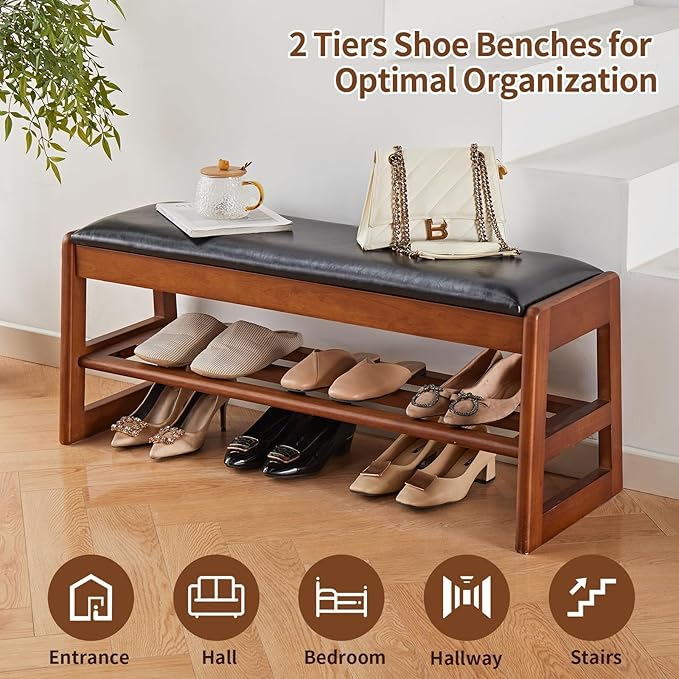 Shoe Rack Bench with Storage-Wood Shoe Bench for Entryway 40" 2 Tier Shoe Organizer with Cushion, PU Solid Wood LEDs Flip Top Entryway Shoe Organizer Space Saving Hallway