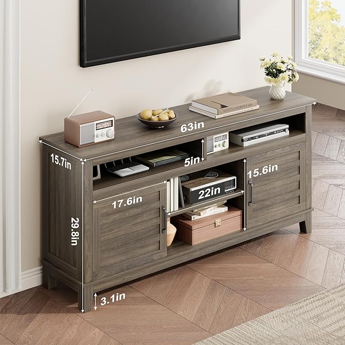 GarveeHome TV Stand for 63 in, Entertainment Center with Adjustable Shelves, Farmhouse TV Stand with Cabinet Doors,for Living Room, Bedroom (Grey, 63)