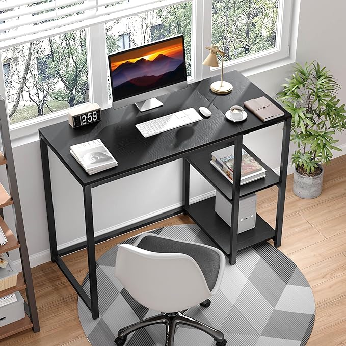 SINPAID Computer Desk 47 inches with 2-Tier Shelves Sturdy Home Office Desks with Large Storage Space Modern Gaming Desk Study Writing Laptop Table, Black