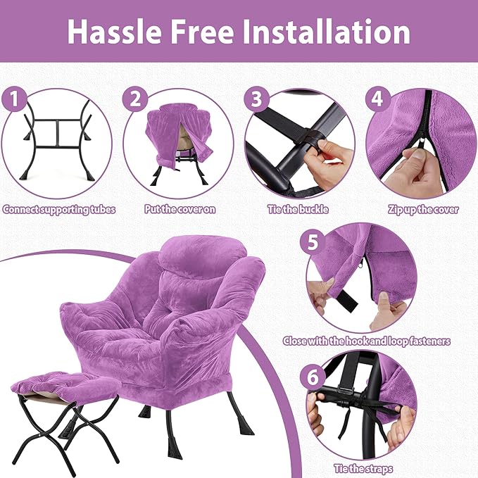 Lazy Chair with Folding Ottoman, Accent Chair Plush Upholstered with Metal Structure and Non-Slip Pads, Sofa Armchair with Footrest and Side Storage Bag for Dorm, Room, Office, Purple