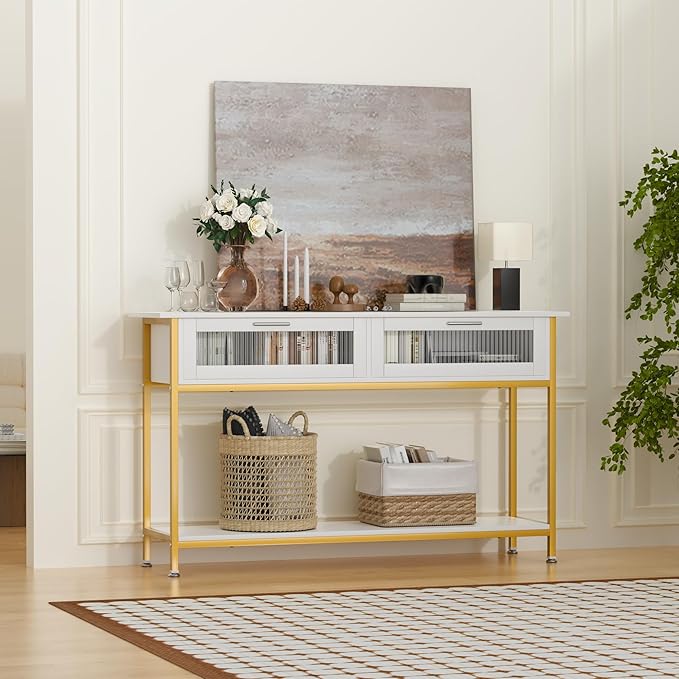 Aetheris 47" Console Table with 2 Drawers, 2 Tier Sofa Table with Storage,Entryway Table, Industrial Console Table for Entryway, Sofa Table Behind Couch for Living Room (White)