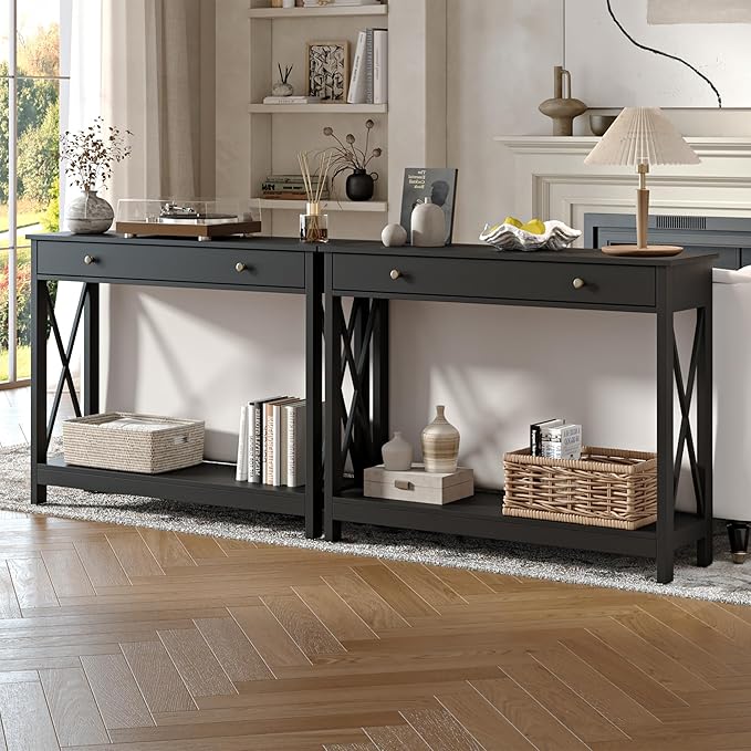 Treocho Black Console Table with Drawer and Storage Shelves, Foyer Sofa Table Narrow for Entryway, Living Room, Hallway
