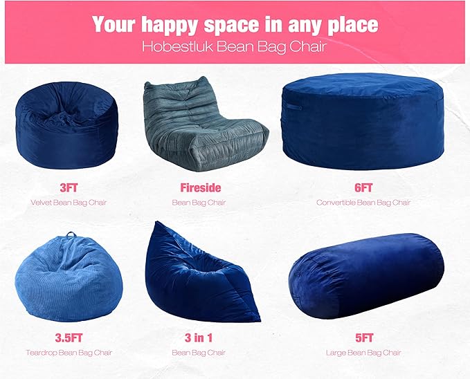 Hobestluk 5FT Bean Bag Chair Large Beanbag Lounger with Removable Cover Adult Bean Bag Chair with Portable Handle Desgin for Living Room Bedroom (Blue, 5FT)