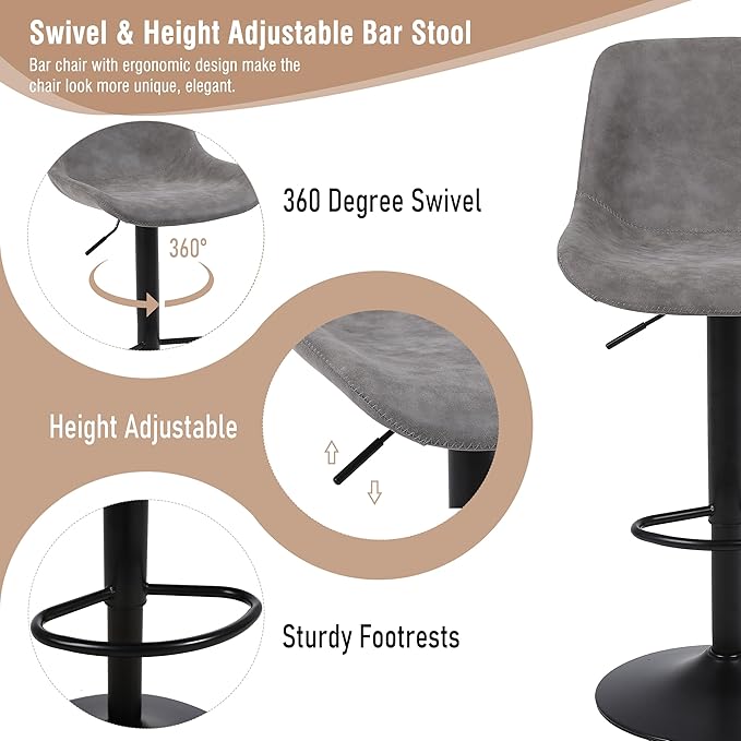 Bar Stools, Swivel Counter Height Barstools with Back, Adjustable Modern Bar Chairs, Tall Armless PU Leather Kitchen Island Stool (Grey, Set of 4)