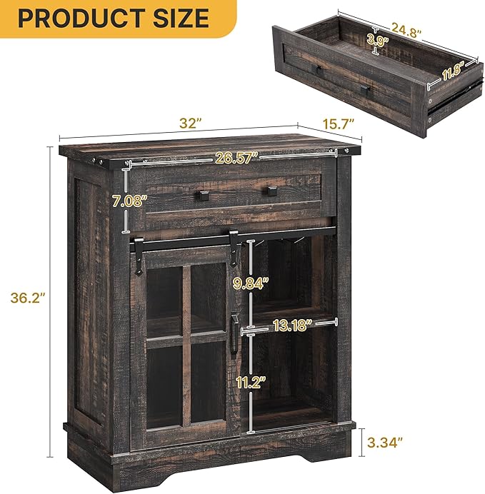 DWVO Farmhouse Coffee Bar Cabinet, Sideboard Buffet Cabinet with Drawer & Adjustable Shelves, Storage Cabinet with Sliding Barn Door for Kitchen and Living Room, Dark Rustic Oak