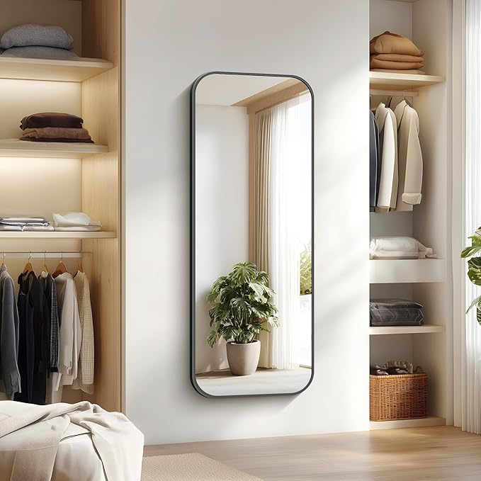 Bathroom Mirror, 60 x 24 inch Metal Framed Black Rectangle Mirror, Rounded Corner Rectangular Vanity Mirror, Large Wall Mounted Mirror for Modern Bedroom Living Room Horizontal or Vertical